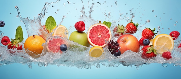 Foto frutas frescas variadas con salpicaduras de agua aisladas en fondo azul imagen generada por ia