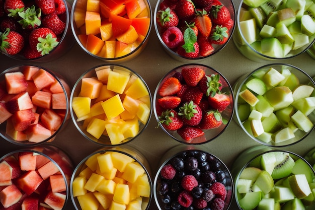 Frutas frescas variadas en tazones que incluyen fresas, arándanos, mango y melón, vista superior