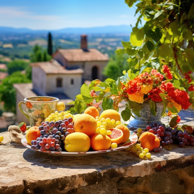 Frutas frescas de verano en la mesa Una hermosa vista de la ciudad y el mar desde el patio en un día soleado