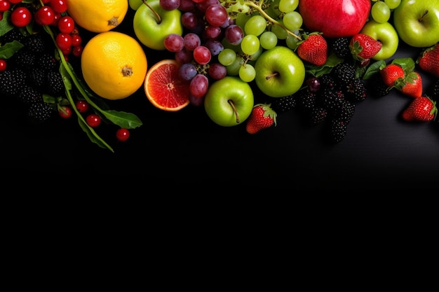 Foto frutas frescas, verduras y bayas sobre un fondo negro banner vista superior espacio libre para su te