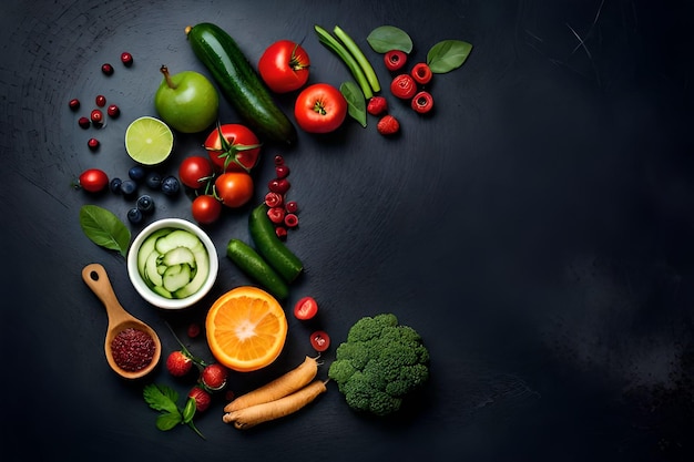 Frutas frescas, verduras y bayas Sobre un fondo negro Banner Vista superior Espacio libre para su te