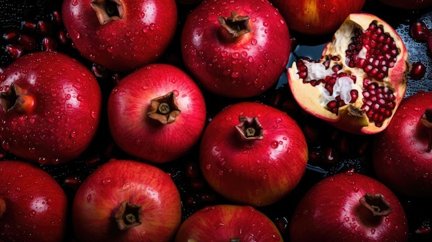 Frutas de granada en la vista superior de fondo oscuro IA generativa