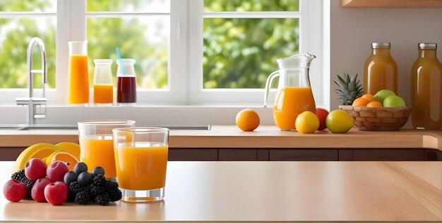 frutas y jugo en el mostrador de mesa de madera frente a la cocina brillante fuera de enfoque