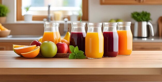 frutas y jugo en el mostrador de mesa de madera frente a la cocina brillante fuera de enfoque