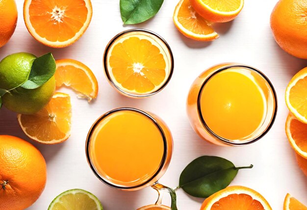 Frutas jugosas limón naranja pomelo copas con jugo recién exprimido