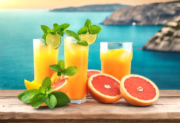 Frutas jugosas limón naranja pomelo vistas al mar vasos con jugo fresco