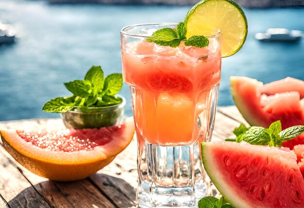 Frutas jugosas limón naranja pomelo vistas al mar vasos con jugo fresco