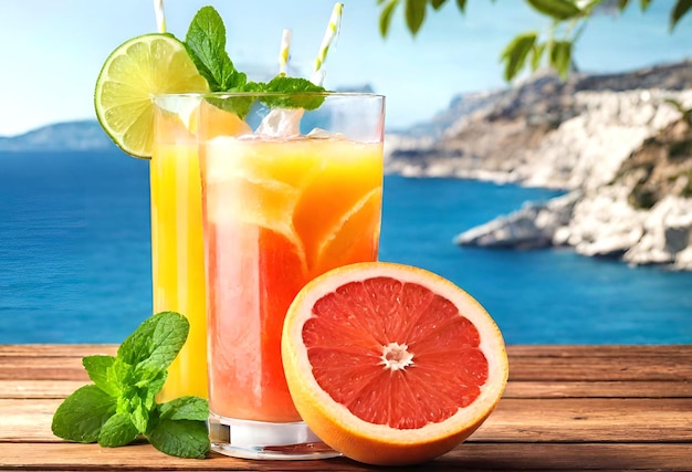 Frutas jugosas limón naranja pomelo vistas al mar vasos con jugo fresco