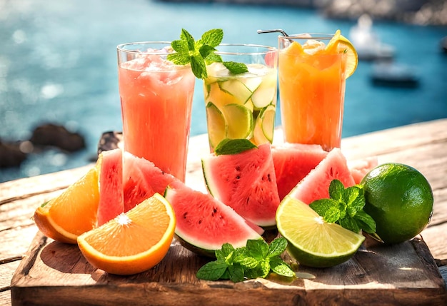 Frutas jugosas limón naranja pomelo vistas al mar vasos con jugo fresco