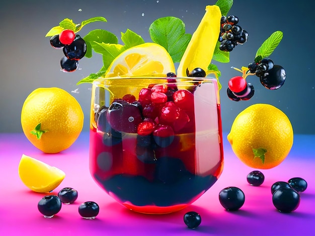 Frutas juntas en el aire. Granada, gelatina de limón, grosella negra con hojas y hielo. Imagen de mentol.