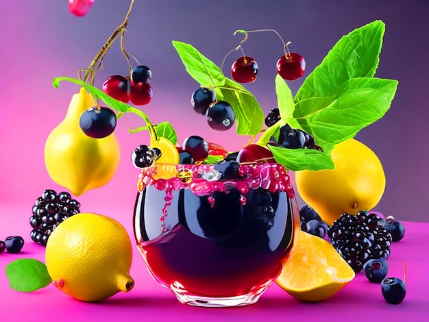 Frutas juntas en el aire. Granada, gelatina de limón, grosella negra con hojas y hielo. Imagen de mentol.