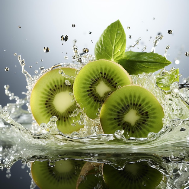 frutas de kiwi en rodajas con salpicaduras de agua