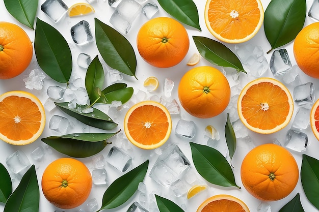 Foto frutas laranja com folhas de cítricos em gelo sobre fundo branco