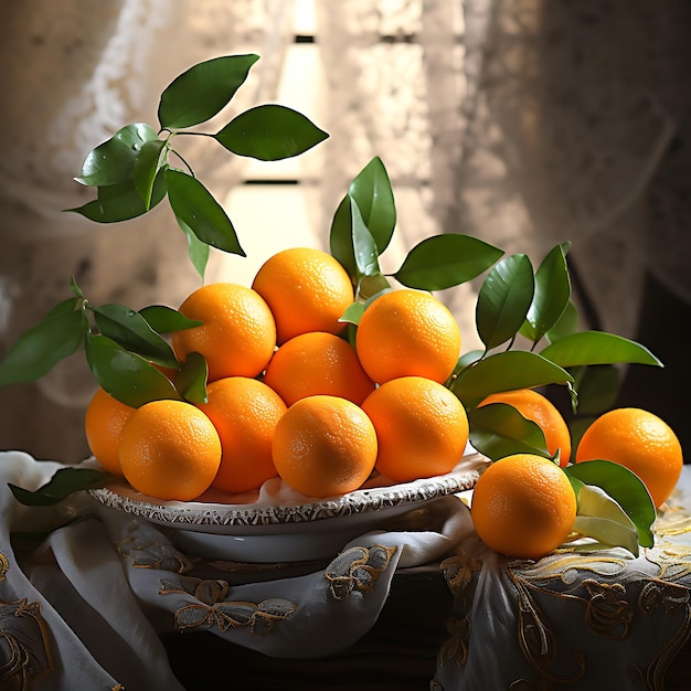 Frutas laranja com folhas em uma mesa de madeira