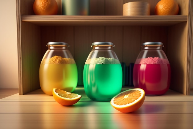 Frutas laranjas e garrafas de bebidas coloridas na mesa parecem muito saborosas