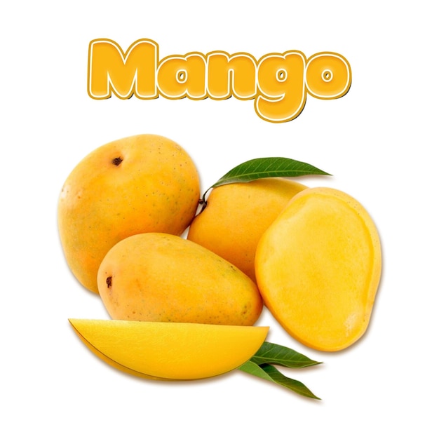 Frutas libres de PSD frutas de mango y cortadas en rodajas con hojas fondo de capa transparente