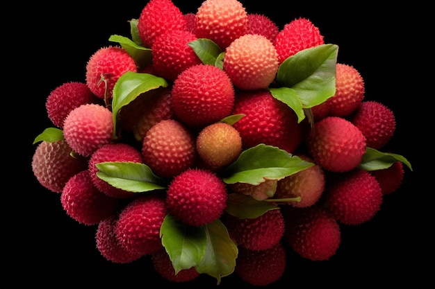 Frutas de lichi dispuestas en un gradiente de verde a rojo maduro