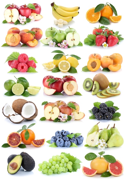 Frutas maçã laranja bagas maçãs laranjas banana uvas morango fresco pêra coleção isolada