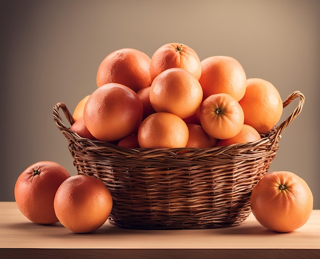 Frutas maduras y apetitosas de pomelo en una cesta rebosante