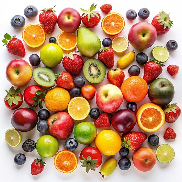 frutas maduras de verano coloridas sobre un fondo blanco