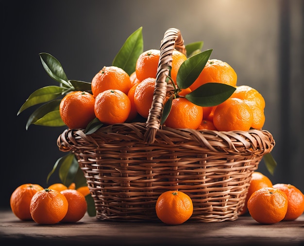 Frutas de mandarina maduras y apetitosas en una cesta rebosante