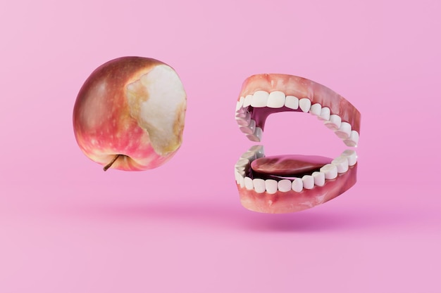 Frutas para mandíbulas de salud dental con dientes sanos y una manzana en un render 3D de fondo pastel