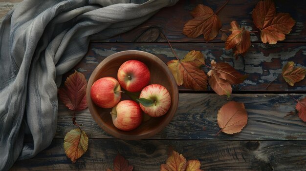 frutas de manzana en un cuenco de madera en una mesa de madera hojas de manzana sobre la mesa vista superior ar 169 ID de trabajo 0dd4b280d5934b