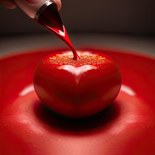 Frutas de manzana rojas en salpicaduras líquidas rojas