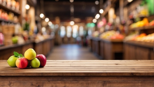 Frutas en una mesa de madera con un fondo borroso de una tienda de frutas