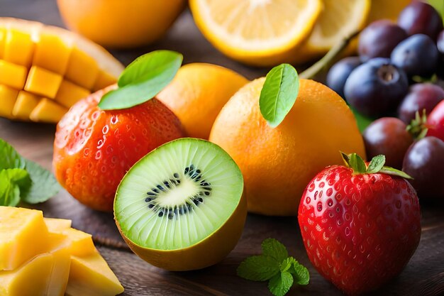 Foto frutas en una mesa con un montón de frutas diferentes