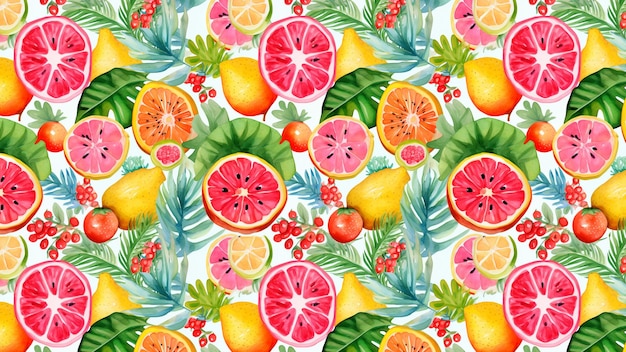 Foto frutas mixtas con hojas tropicales de patrones sin fisuras dibujo a mano sobre un fondo blanco