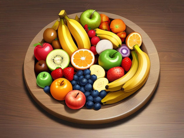 frutas mixtas con manzana, plátano, naranja y otras de forma redonda en una mesa