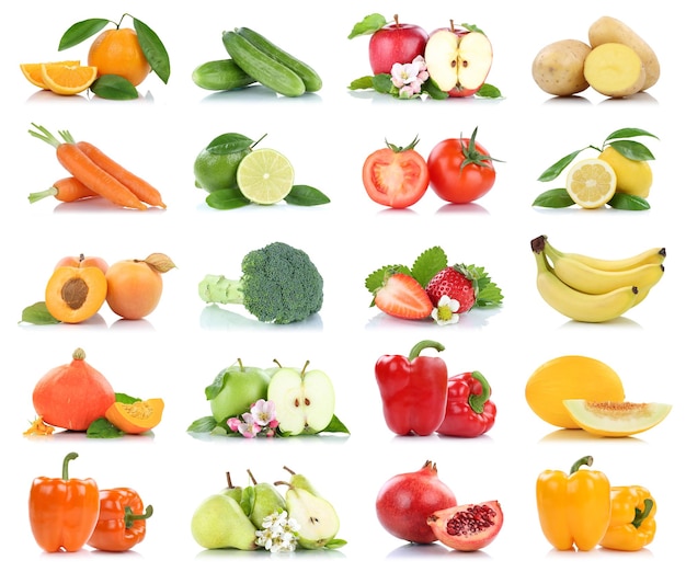 Frutas, muitas frutas e vegetais, coleção isolada, maçã, laranjas, pêra, tomates, cores