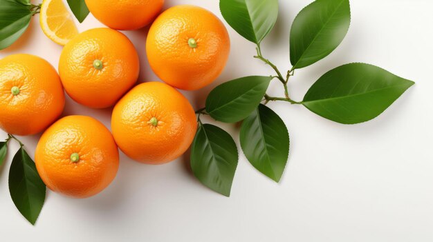 Frutas naranja y alimentos saludables en el estudio para la dieta vegana bocadillos y vitaminas Mockup fondo blanco y flatlay de productos agrícolas orgánicos frescos y naturales para la nutrición vegetariana