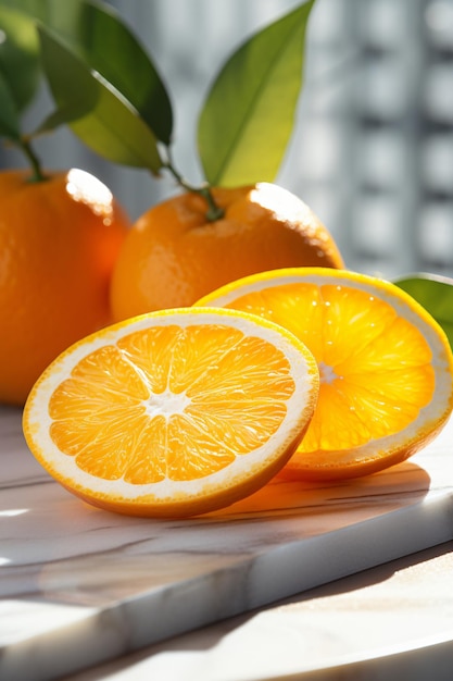 Foto frutas de naranja frescas con hojas de fondo