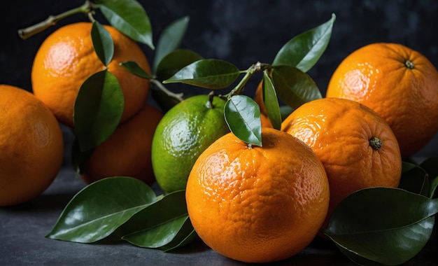 Foto frutas de naranja frescas con hojas en la parte superior de una mesa de madera