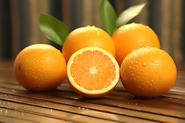 Frutas de naranja con hojas sobre una mesa de madera