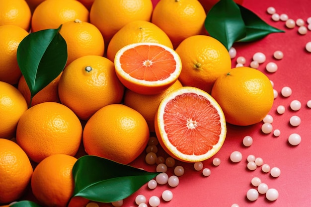 Frutas naranjas frescas con hojas sobre fondo colorido IA generativa