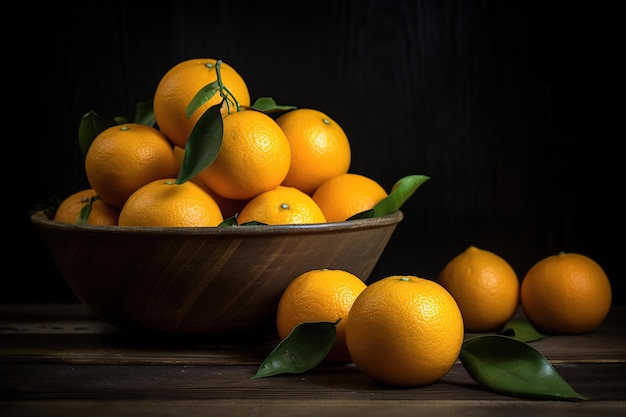 Frutas naranjas frescas con hojas verdes sobre fondo de madera marrón