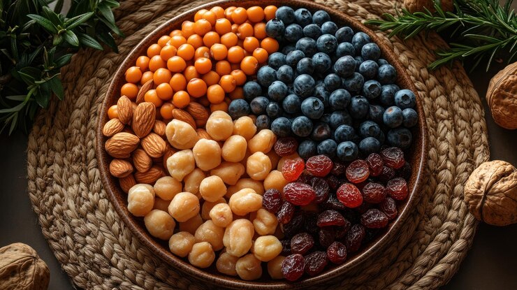 Frutas y nueces variadas en un cuenco circular de madera Selección de bocadillos saludables Moras frescas bayas doradas almendras garbanzos y arándanos secos Colorados y vibrantes Vista superior