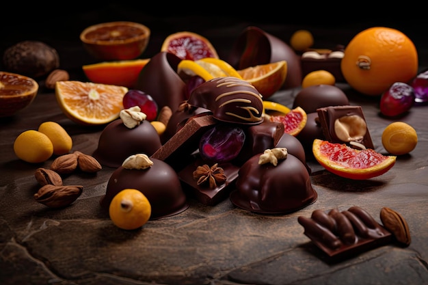 Foto frutas y nueces vibrantes cubiertas de rico chocolate negro creado con ai generativo