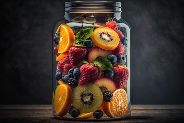 frutas num frasco transparente em close-up