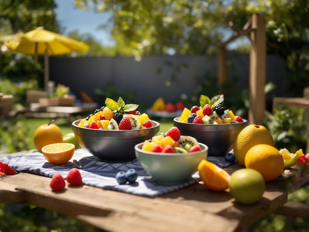 frutas numa estética mesa de madeira