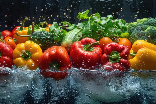 Frutas ou vegetais frescos com gotas de água criando um salpico de publicidade de fotografia de alimentos