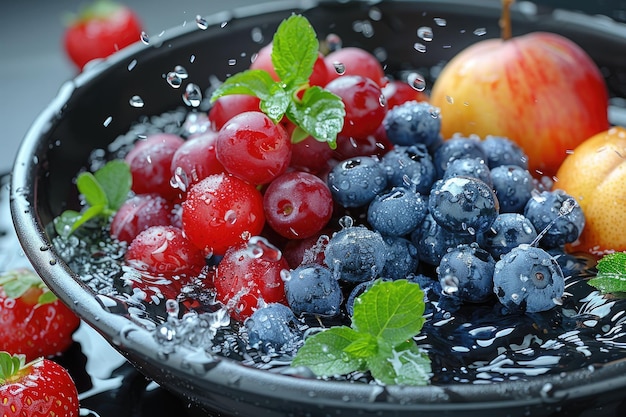 Frutas ou vegetais frescos com gotas de água criando um salpico de publicidade de fotografia de alimentos