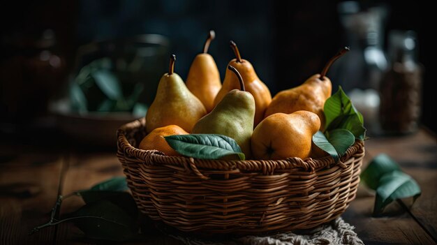 Frutas de pera en la cesta de bambú con fondo borroso