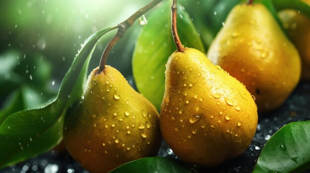 Frutas de peras amarillas frescas maduras con hojas verdes y gotas de agua fondo natural Generar imagen de IA