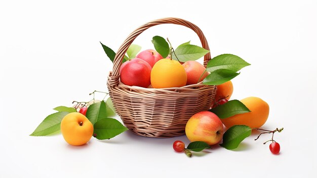 Foto frutas de pomas jugosas con hojas en canasta sobre fondo blanco