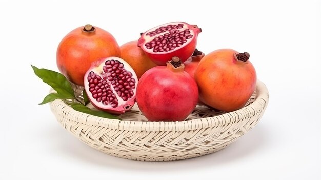 Foto frutas de pomas jugosas con hojas en canasta sobre fondo blanco