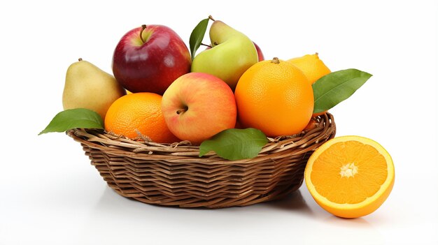 Foto frutas de pomas jugosas con hojas en canasta sobre fondo blanco